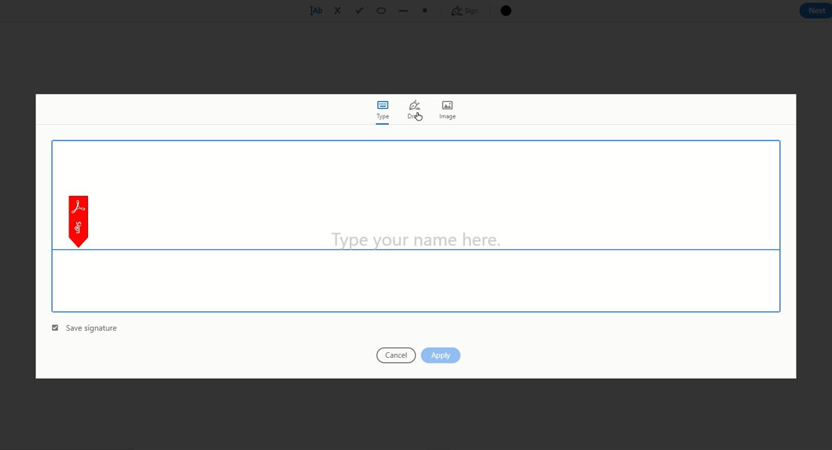 Опции: набрать, нарисовать или загрузить изображение подписи