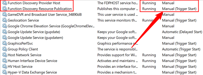 Список служб Windows: проверка статуса и типа запуска сервисов для сетевого обнаружения.