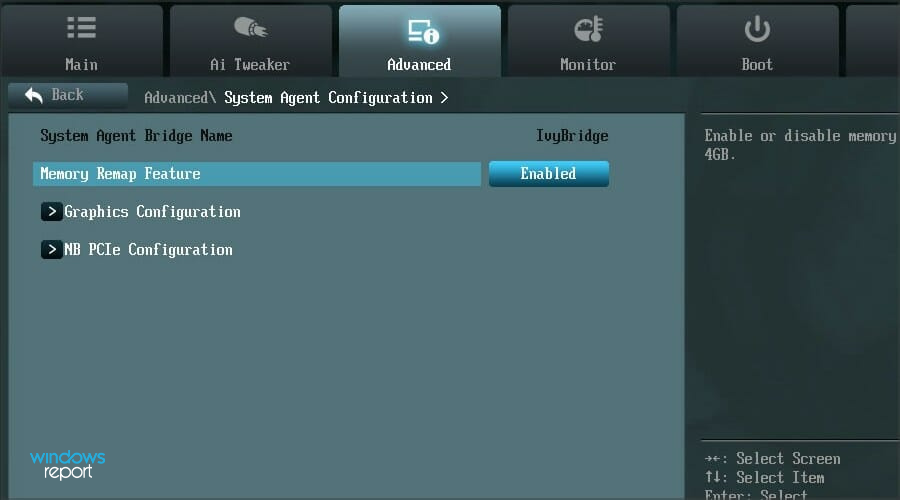 Включите Memory Remap Feature в BIOS
