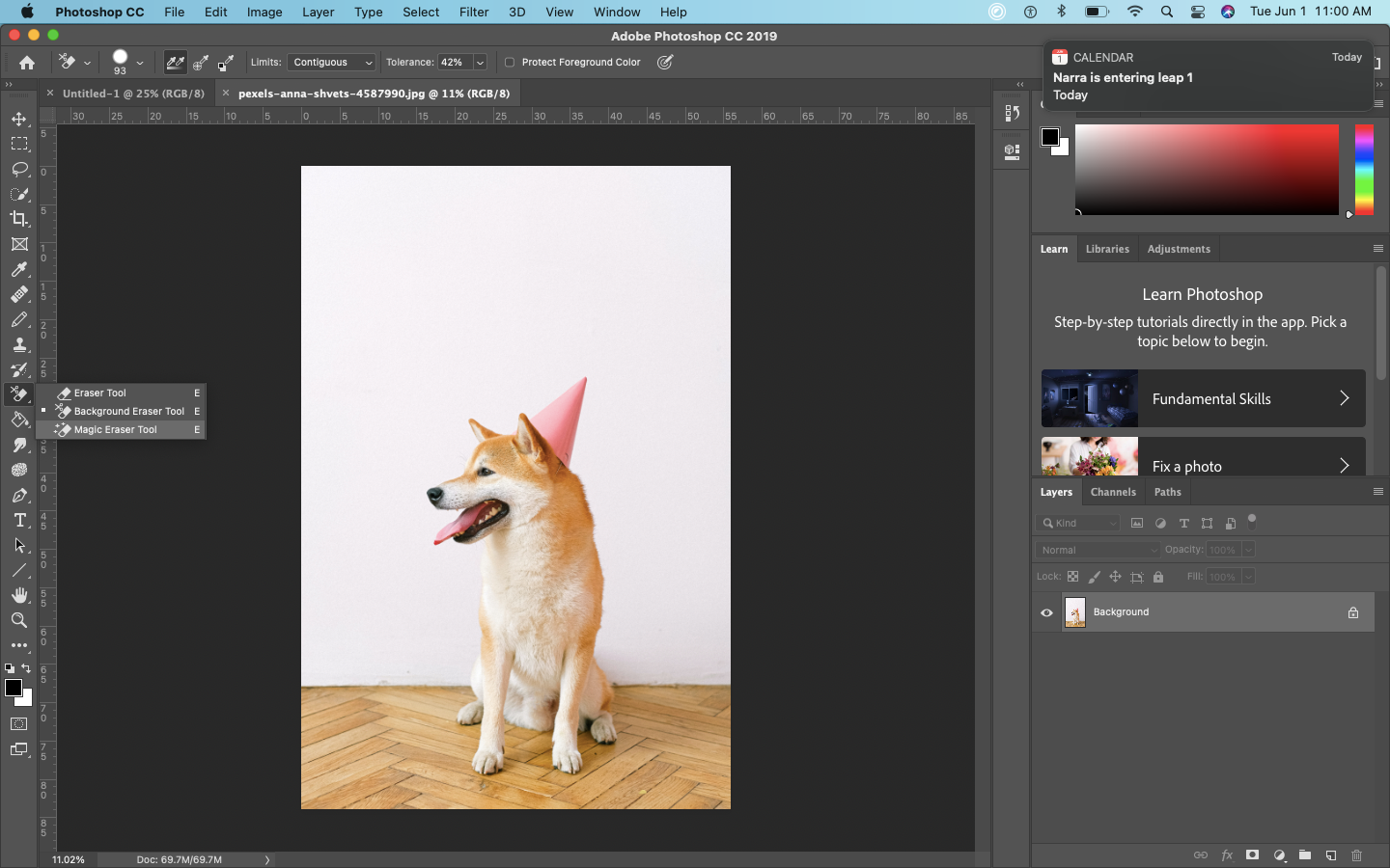 Интерфейс удаления фона в Photoshop с инструментом Волшебный ластик
