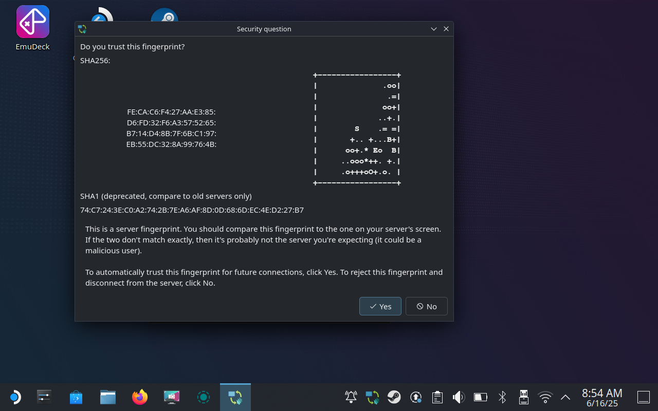 Accept the incoming fingerprint to connect your Steam Deck as a KVM client.