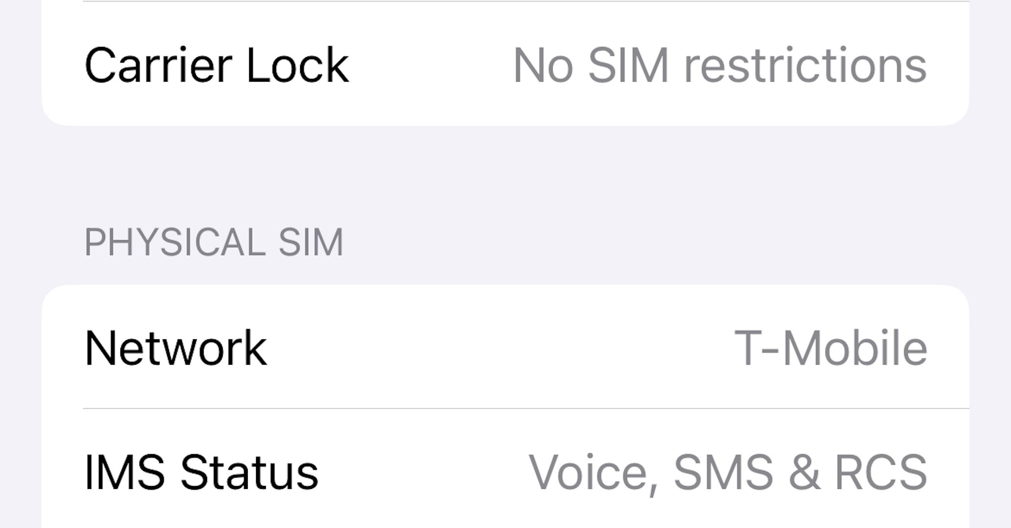 Статус IMS с указанием поддержки RCS.