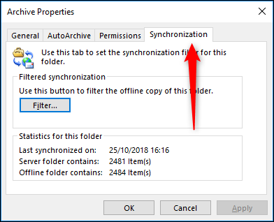 Вкладка синхронизации в свойствах папки Outlook