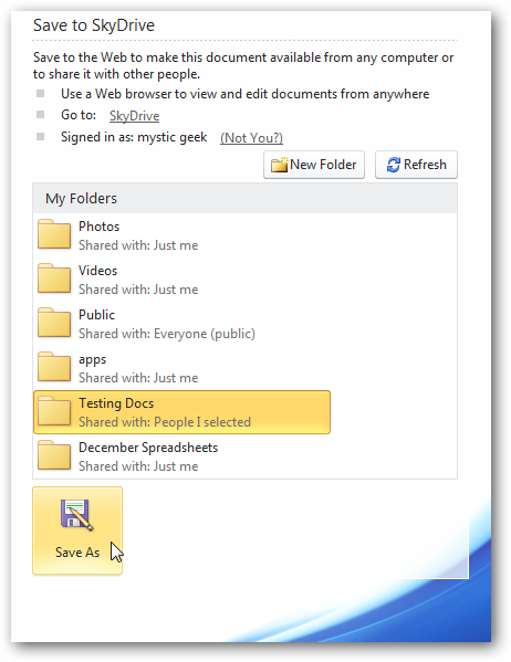 Список папок SkyDrive: выбрана папка для сохранения документа