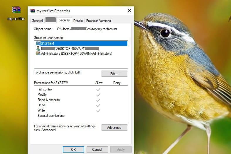 Параметры разрешений для папки с RAR