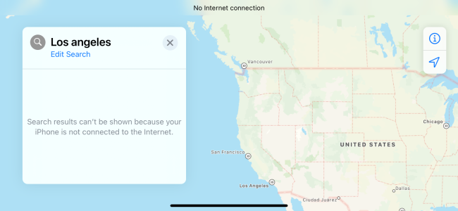 Ошибка поиска в Картах Apple при отсутствии сети на iPhone
