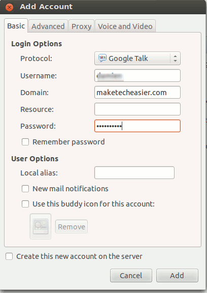 Окно Pidgin — добавление аккаунта Google Talk