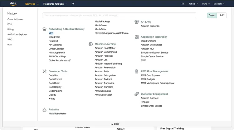 Переход в панель управления VPC в консоли AWS