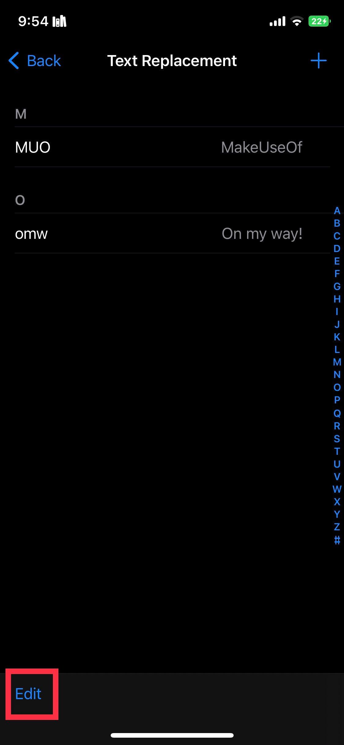 Экран со всеми созданными заменами текста