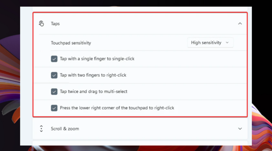 Настройка множества опций касаний на тачпаде