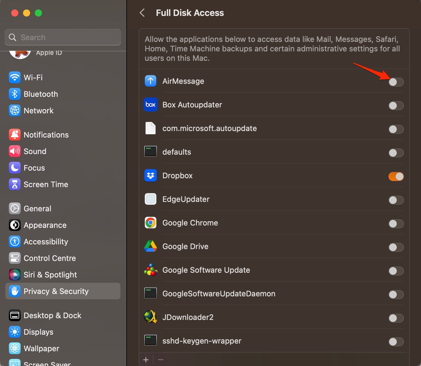 Habilitar palanca para acceso de disco a AirMessage