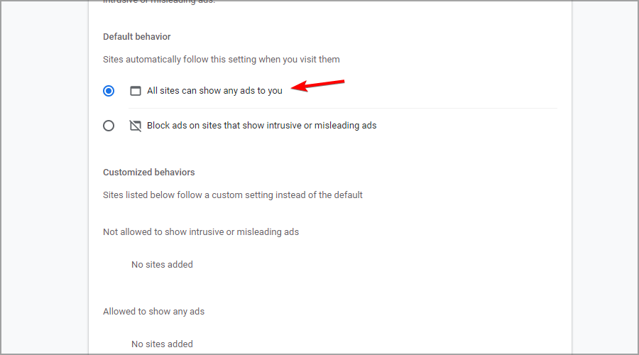 Настройка рекламы — Разрешить всем сайтам показывать рекламу