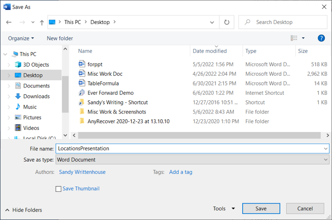 Сохранение документа Word