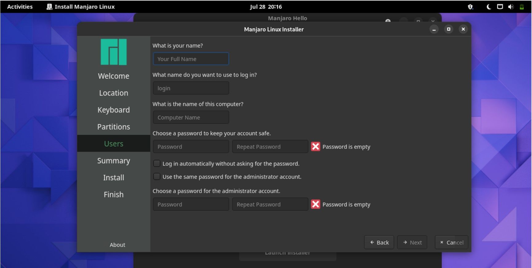 Input user details for manjaro linux