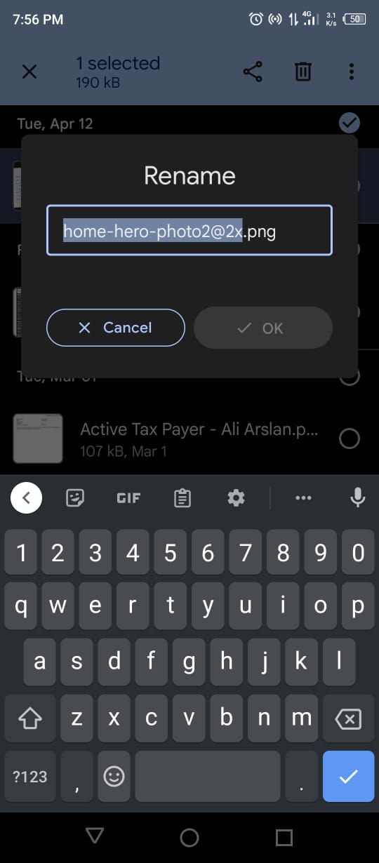 Поле для переименования файла в Files by Google