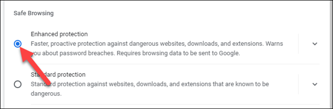 Выберите опцию «Защита повышенного уровня» (Enhanced Protection)