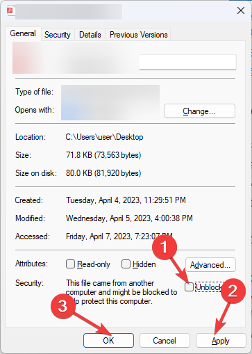 Свойства файла и разблокировка