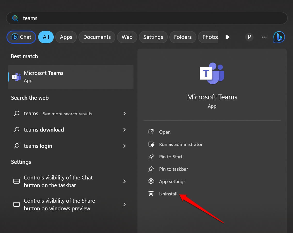 Процесс удаления Microsoft Teams