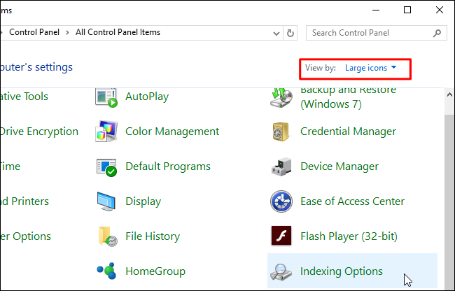 Окно Панели управления с переключателем вида для доступа к Параметрам индексирования
