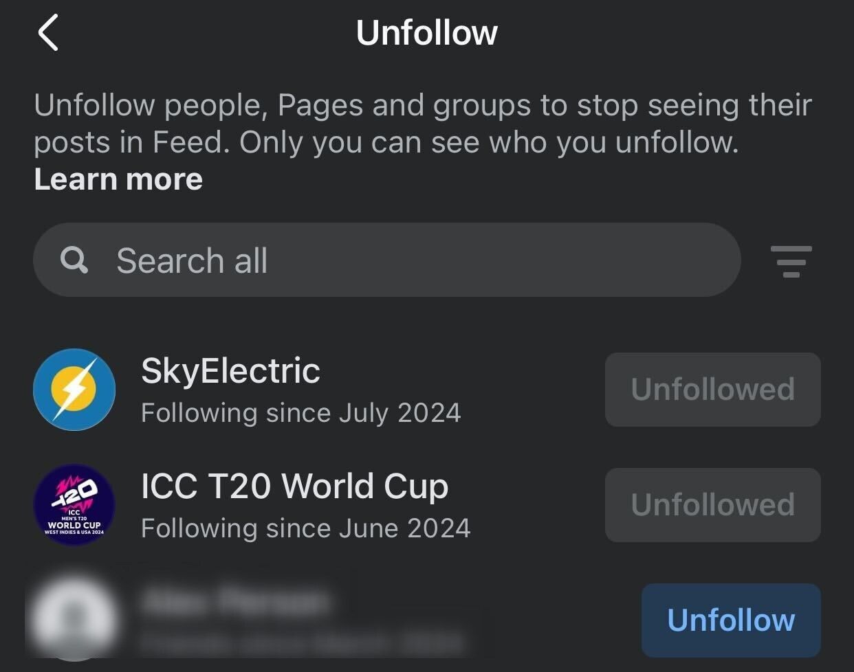 Отписка от человека в Facebook.