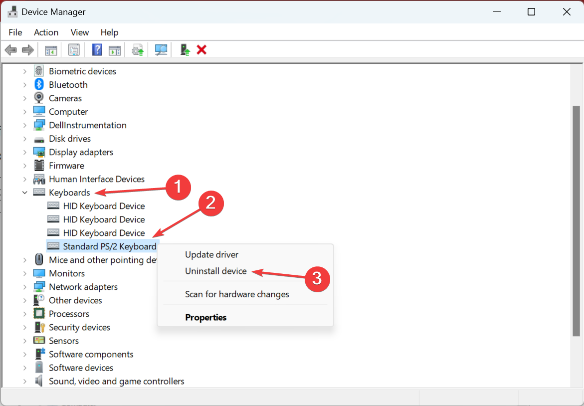 Удаление устройства клавиатуры в диспетчере