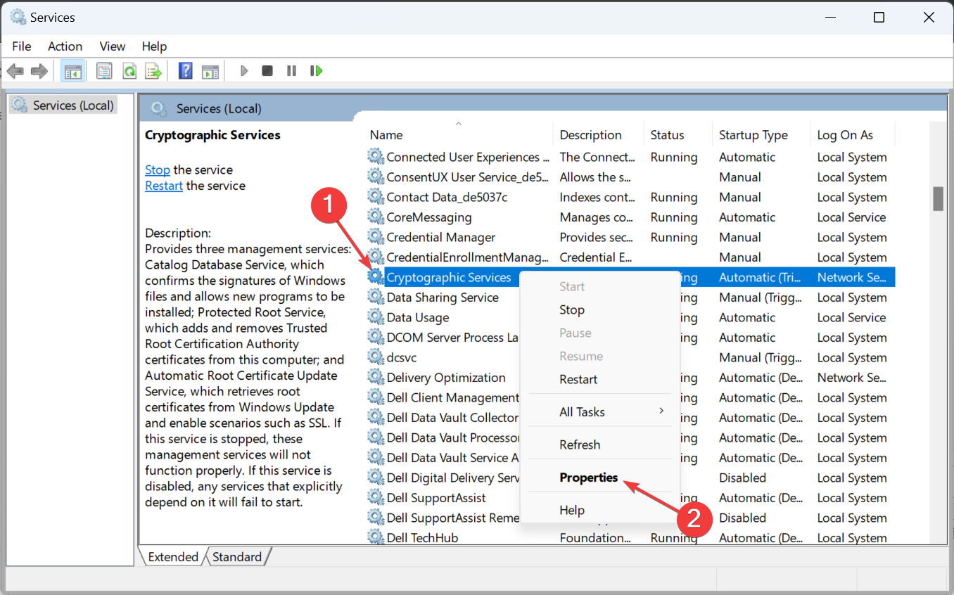 Окно свойств службы Cryptographic Services