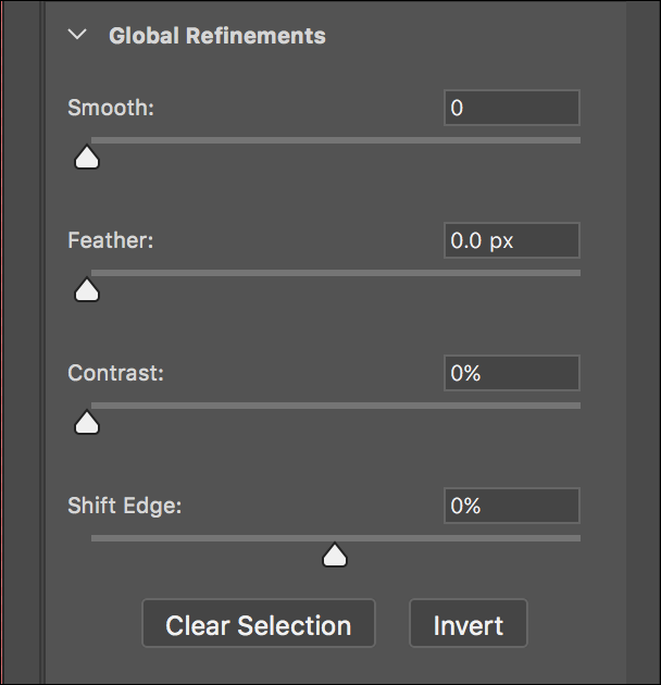 Панель Global Refinements с ползунками Smooth, Feather, Contrast, Shift Edge