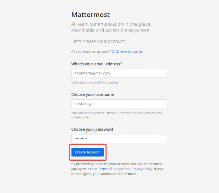 Страница входа Mattermost