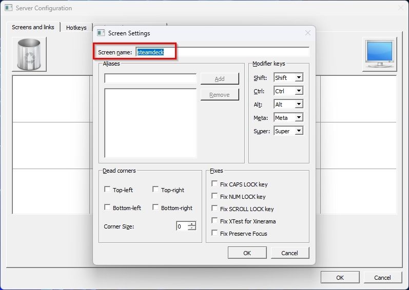 Настройки экрана Steam Deck в Barrier с полем Screen name