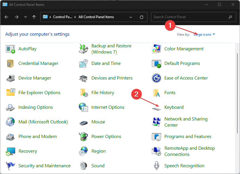 Скриншот: параметры клавиатуры в Панели управления