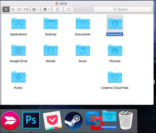 Перетаскивание папки в правую часть дока рядом с корзиной