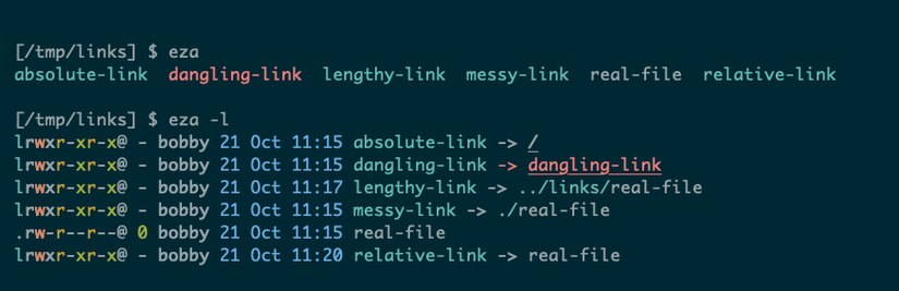 Программа eza на Linux показывает битые ссылки другим цветом.