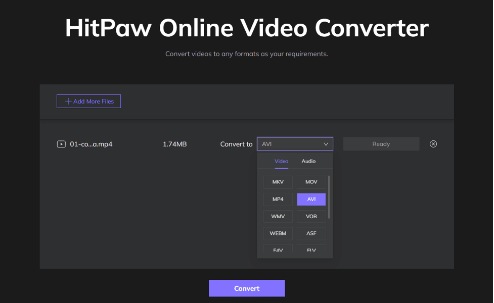 Pulsante Convert e opzioni di formato nel convertitore online