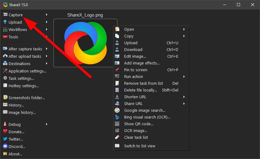 Меню Capture в ShareX