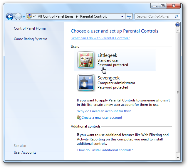 Выбор учётной записи ребёнка для настройки