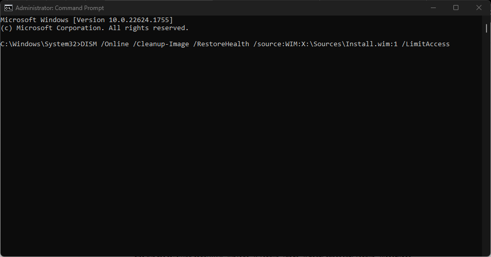Ввод DISM /RestoreHealth с указанием источника WIM