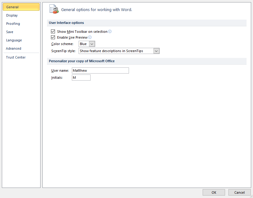 Окно Options с пунктом Autocorrect Options в Word