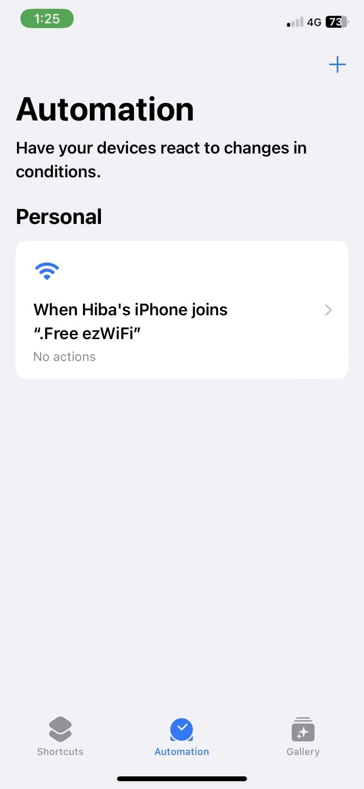 Значок плюс во вкладке автоматизации