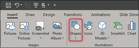 Кнопка меню «Фигуры» в PowerPoint