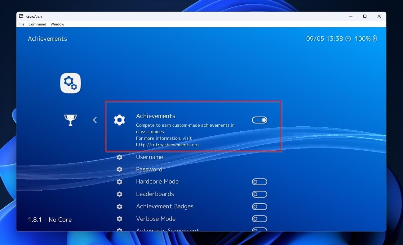Переключатель достижений в RetroArch включён