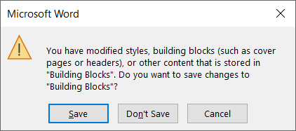 Prompt to save a Building Block in Word