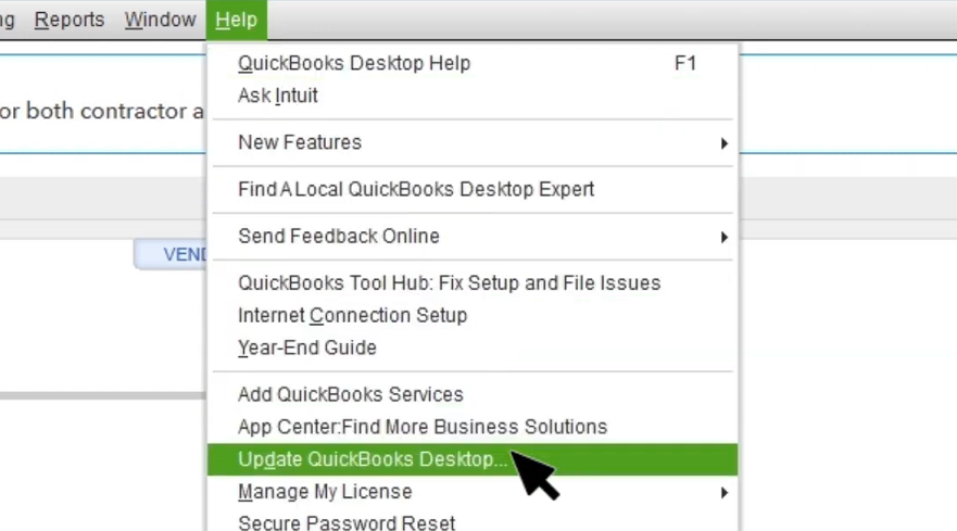 Опция обновления QuickBooks Desktop в меню Справка