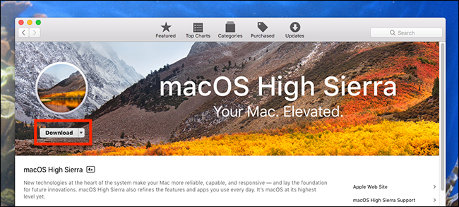 Загрузка установщика macOS High Sierra из Mac App Store