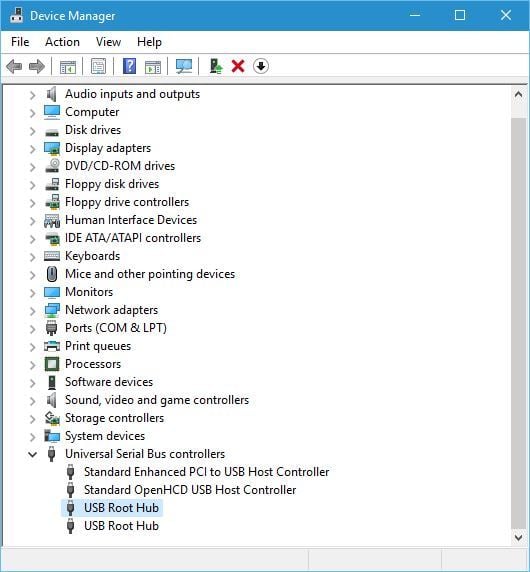 Раздел контроллеров USB в Диспетчере устройств