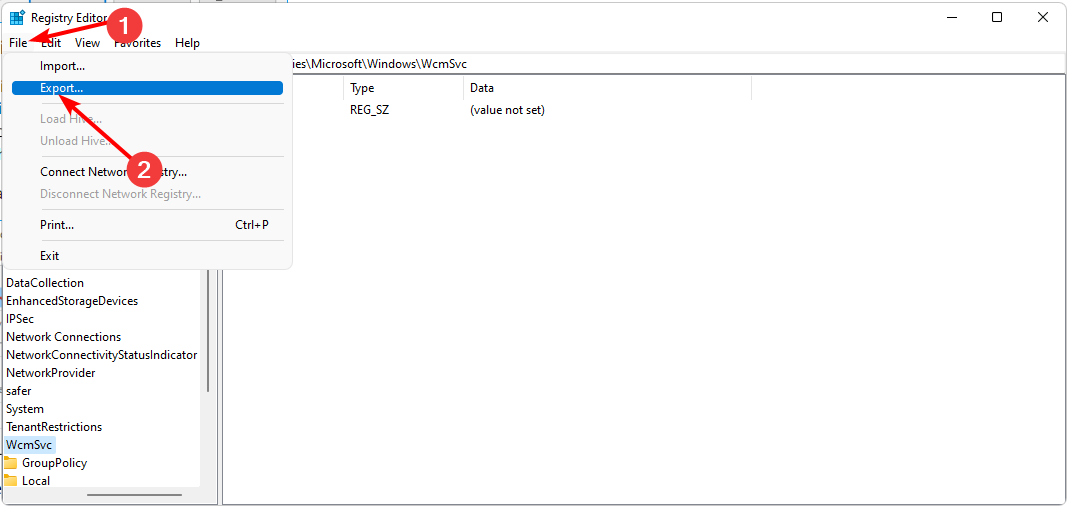 Меню 'Файл' и 'Экспорт' в редакторе реестра