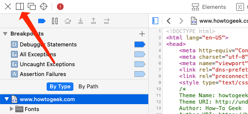 Нажмите значок прямоугольника, чтобы изменить положение консоли исходного кода