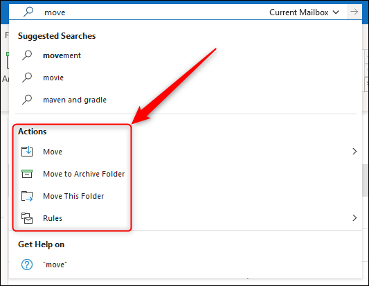 Outlook actions shown in the Search menu.