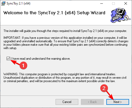 подтверждение предупреждения в установщике SyncToy