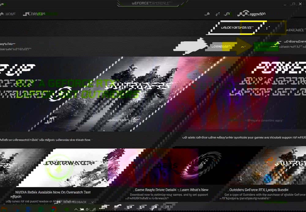 Кнопка обновления драйверов в GeForce Experience