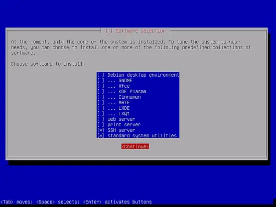 Выбор пакетов для установки (Standard utilities + SSH)